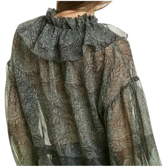 Alice + Olivia Paisley Ruffle Sheer Long Sleeve Blouse Olive Teal Designer XS - Picture 2 of 10